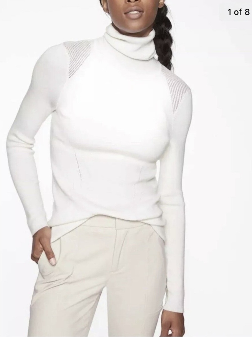 Athleta M 100% Italian Merino Wool Xtra Fine Turtleneck Pointelle Neutral Preppy